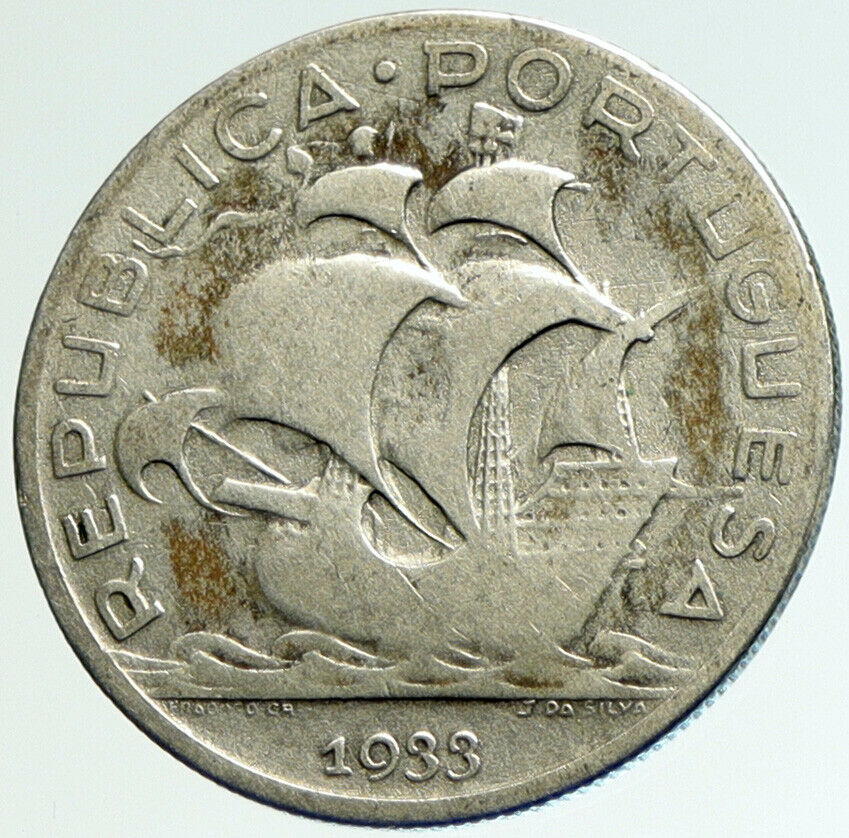 1933 PORTUGAL with PORTUGUESE SAILING SHIP Vintage Silver 5 Escudos Coin i104239