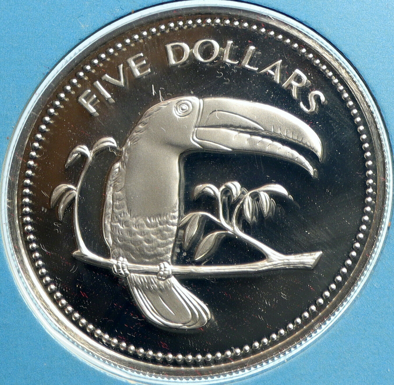 1975 BELIZE Avifauna Toucan BIRD Antique VINTAGE Proof Silver $5 Coin i103960