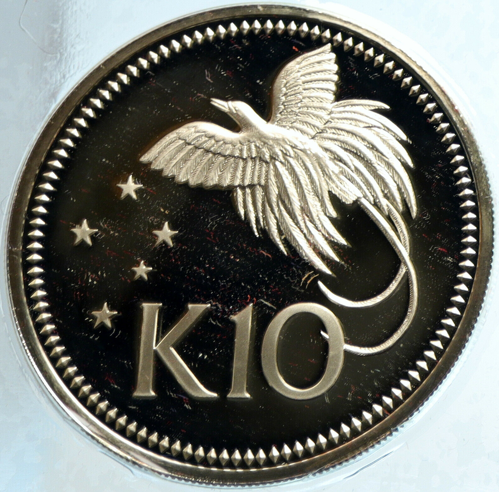 1975 PAPUA NEW GUINEA Large 4.5CM Exotic Bird Proof Silver 10 Kina Coin i103970