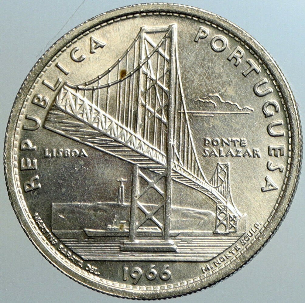 1966 PORTUGAL Opening SALAZAR BRIDGE Antique BU Silver 20 Escudos Coin i102548