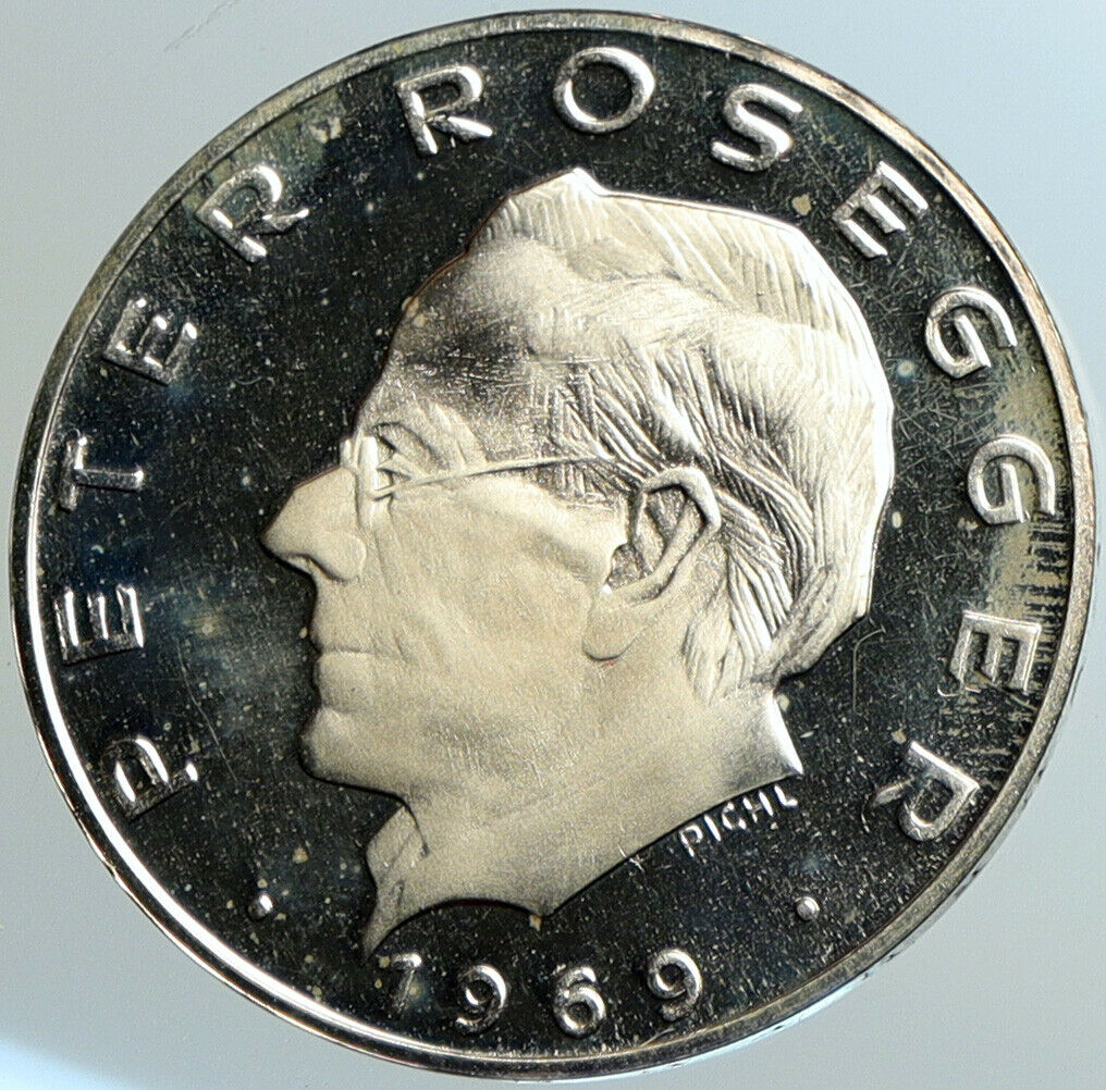 1969 AUSTRIA Poet Writer Peter Rosegger Proof Silver 25 Schilling Coin i102556