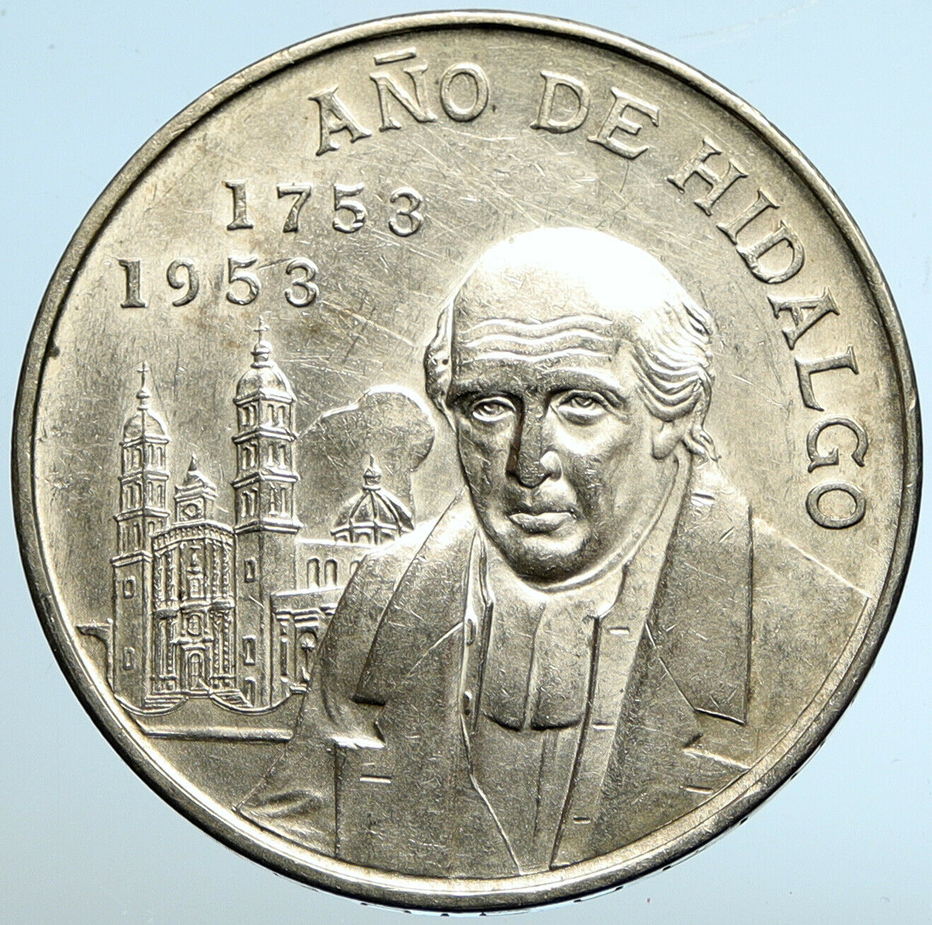 1953 MEXICO Large SILVER 5 Pesos Coin MEXICAN Independence HERO Hidalgo i102610