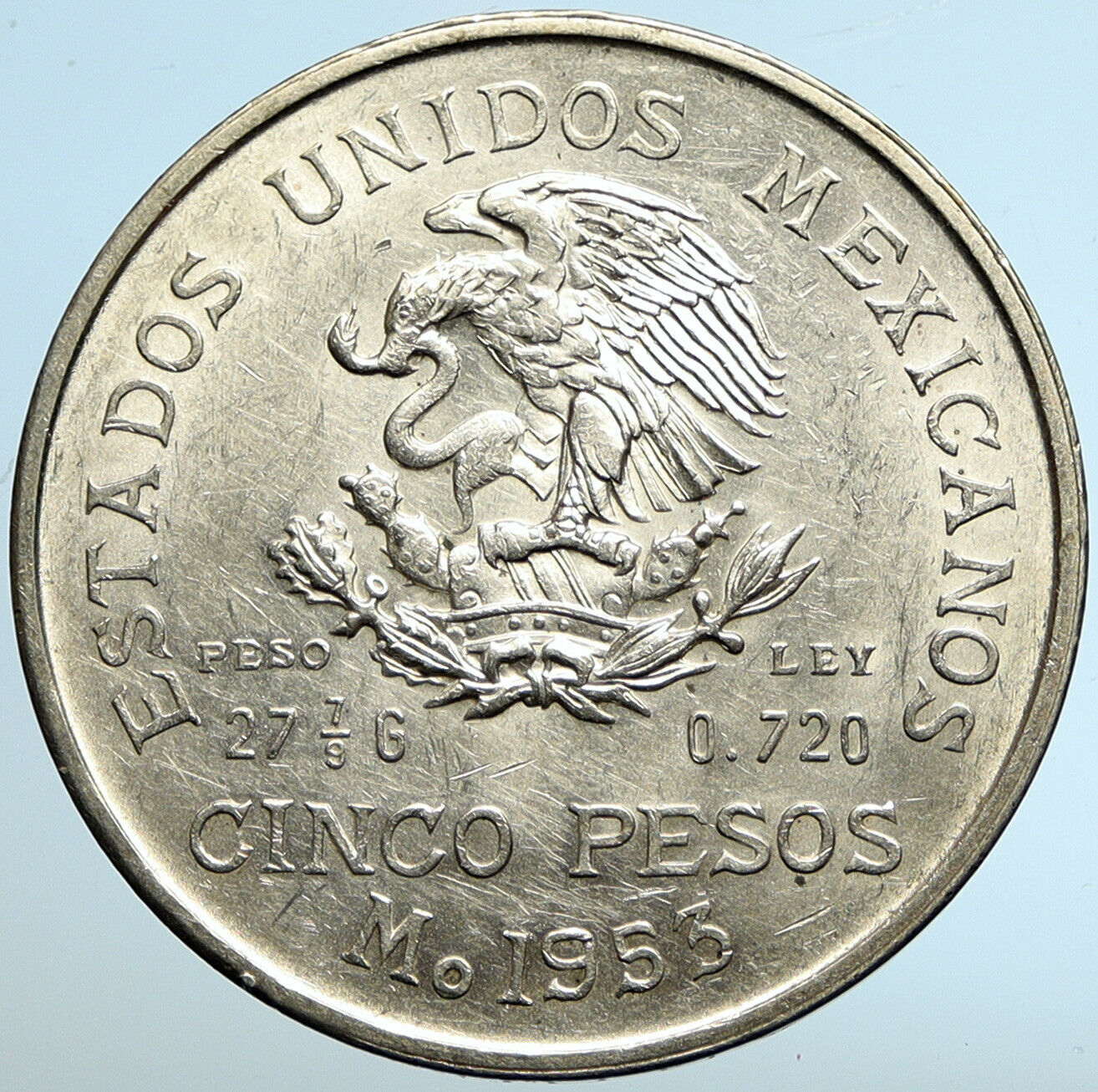 1953 MEXICO Large SILVER 5 Pesos Coin MEXICAN Independence HERO Hidalgo i102610