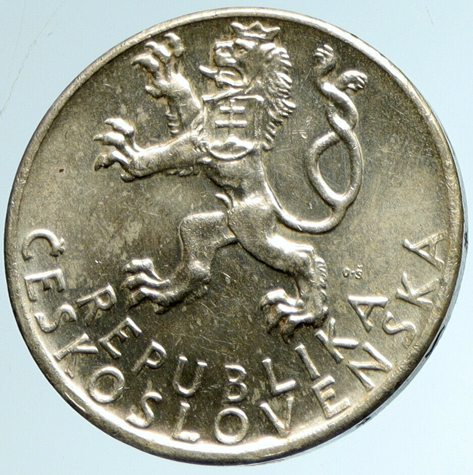 1947 CZECHOSLOVAKIA Czech Lion & Female VINTAGE OLD Silver 50 Korun Coin i103251