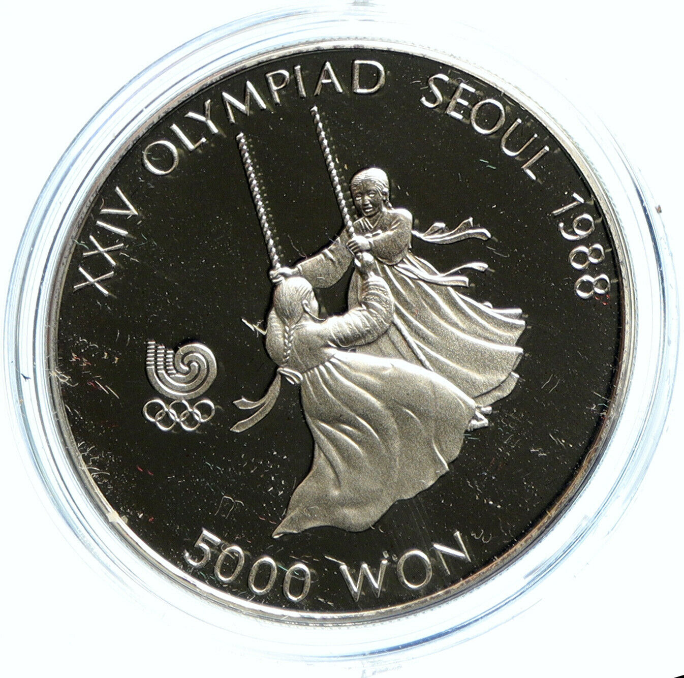 1987 SOUTH KOREA Seoul 1988 OLYMPIC GAMES Swing PF Silver 5000 Won Coin i103652