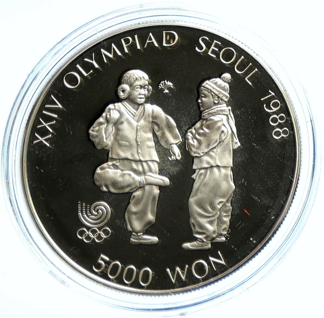 1987 SOUTH KOREA Seoul 1988 OLYMPICS Jegi Chagi PRF Silver 5000 Won Coin i103638