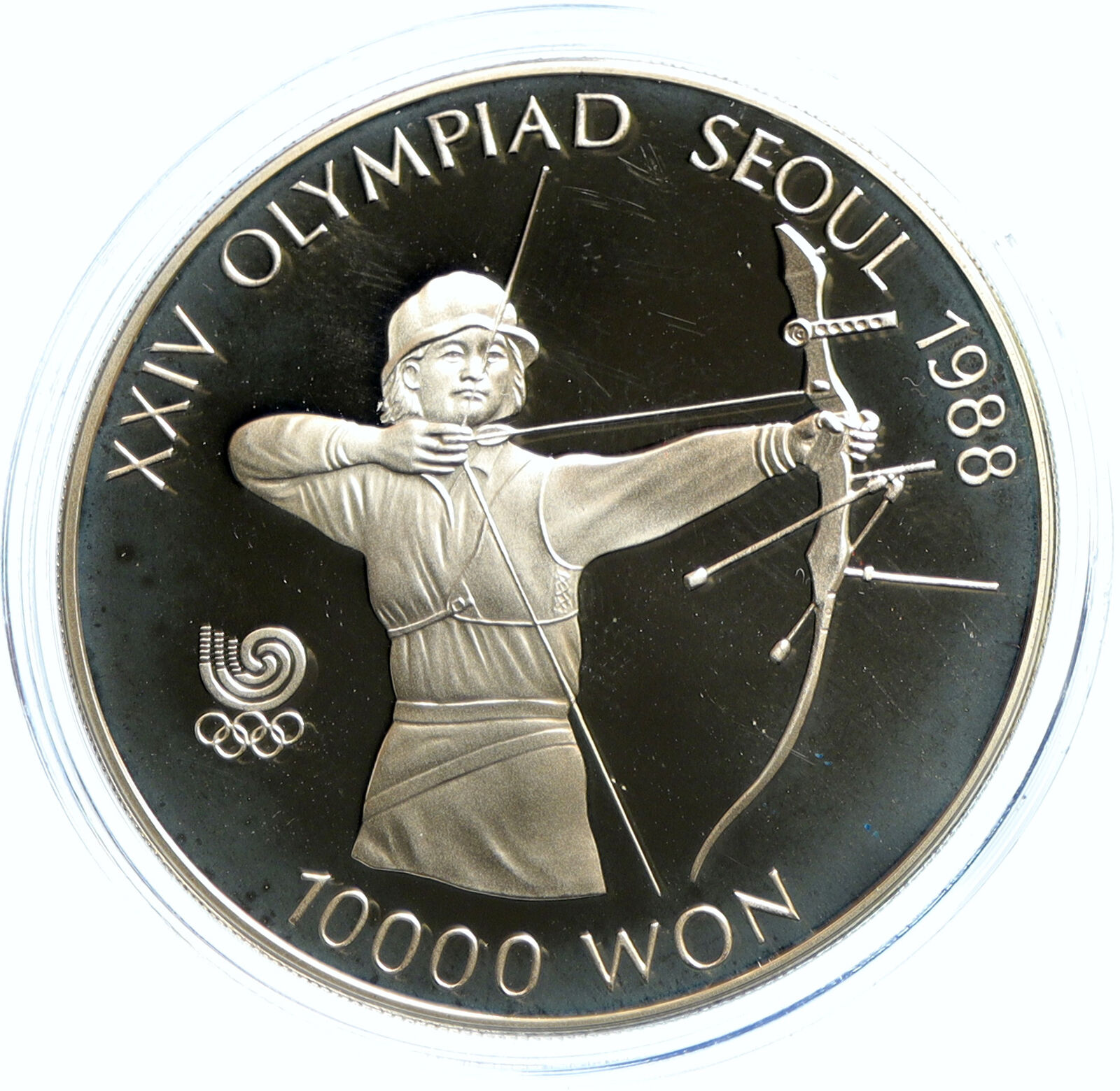 1987 SOUTH KOREA Seoul OLYMPICS Girl ARCHERY Proof Silver 10000 Won Coin i103637