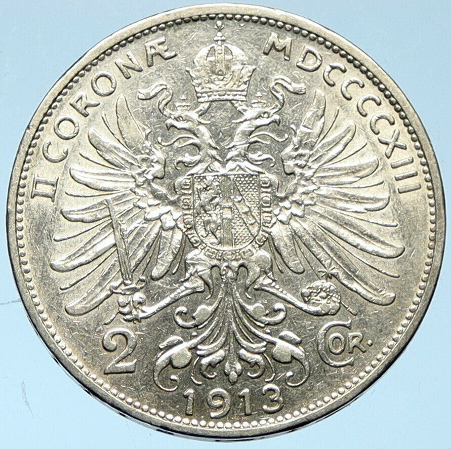 1913 AUSTRIA KING FRANZ JOSEPH I Eagle Antique OLD Silver 2 Corona Coin i102744