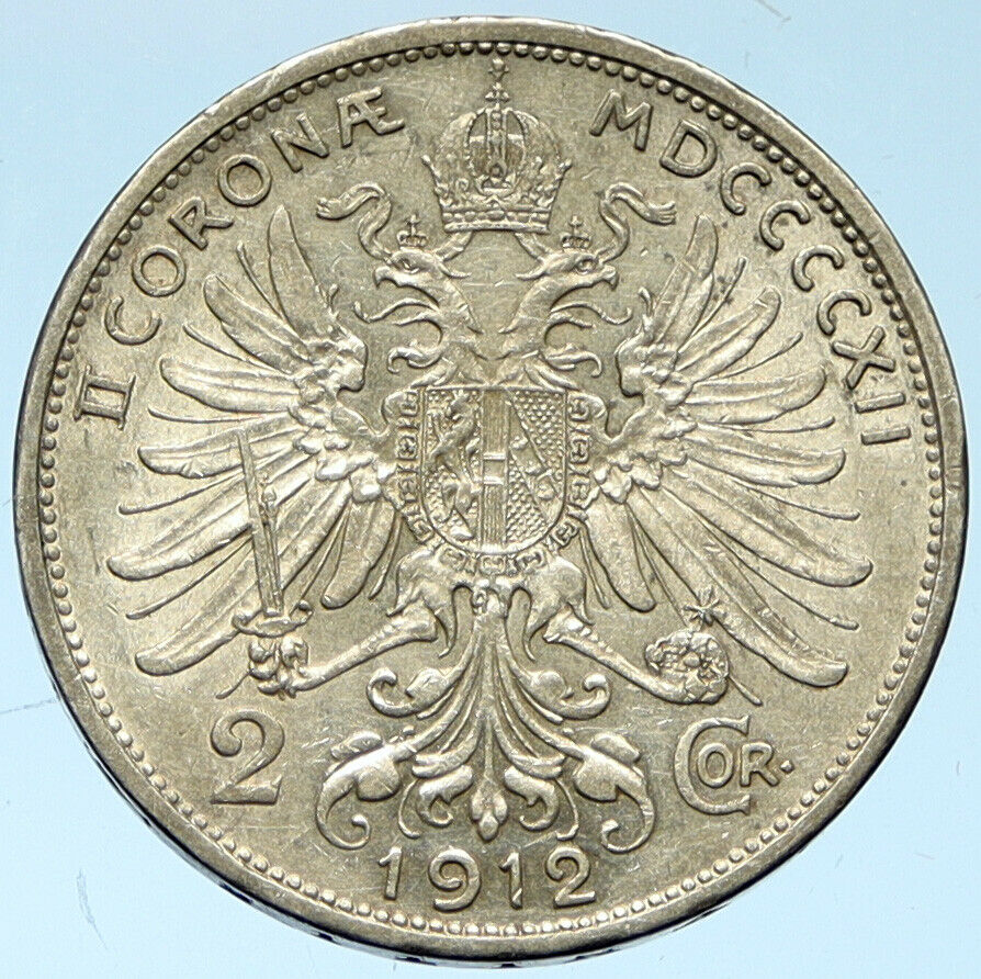 1912 AUSTRIA KING FRANZ JOSEPH I Eagle Antique OLD Silver 2 Corona Coin i102750