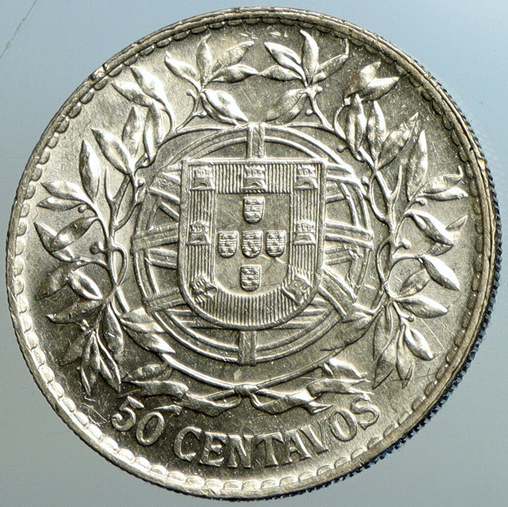 1913 PORTUGAL Antique BIG Silver 50 Centavos PORTUGUESE Coin w LIBERTY i102582