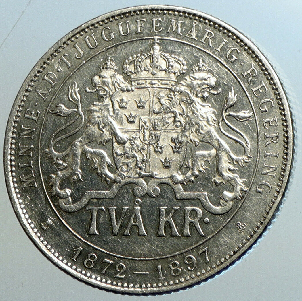 1897 SWEDEN King Oscar II Shield ANTIQUE SWEDISH Silver 2 Kronor Coin i102584