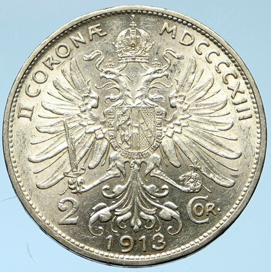 1913 AUSTRIA KING FRANZ JOSEPH I Eagle Antique OLD Silver 2 Corona Coin i102757