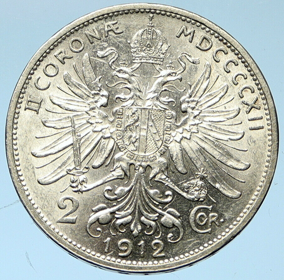 1912 AUSTRIA KING FRANZ JOSEPH I Eagle Antique OLD Silver 2 Corona Coin i102746