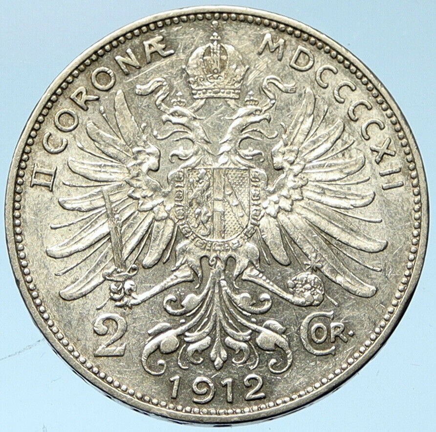 1912 AUSTRIA KING FRANZ JOSEPH I Eagle Antique OLD Silver 2 Corona Coin i102751