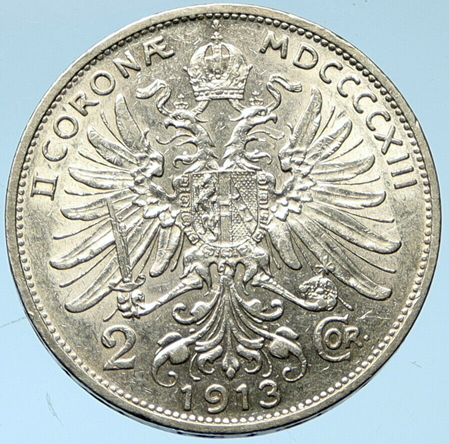 1913 AUSTRIA KING FRANZ JOSEPH I Eagle Antique OLD Silver 2 Corona Coin i102754