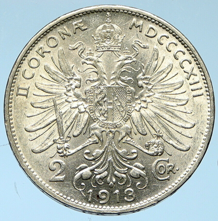 1913 AUSTRIA KING FRANZ JOSEPH I Eagle Antique OLD Silver 2 Corona Coin i102748