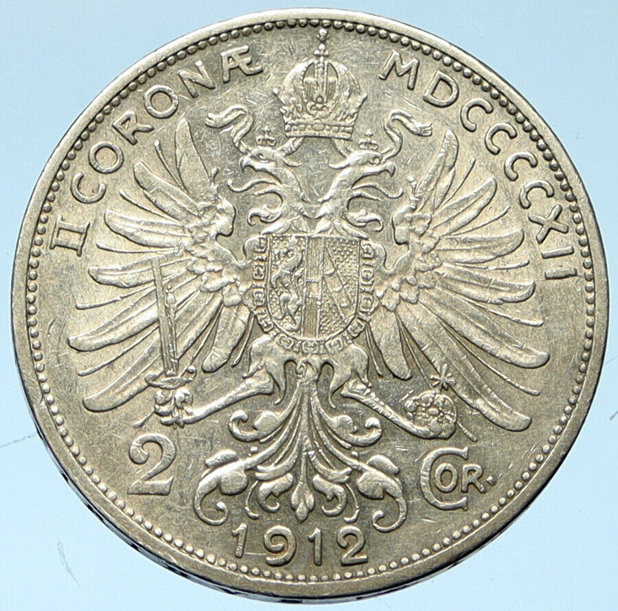 1912 AUSTRIA KING FRANZ JOSEPH I Eagle Antique OLD Silver 2 Corona Coin i102747