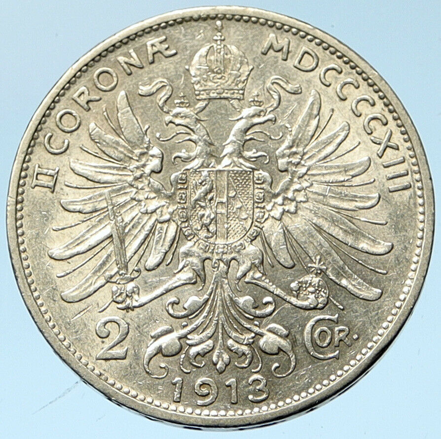 1913 AUSTRIA KING FRANZ JOSEPH I Eagle Antique OLD Silver 2 Corona Coin i102753