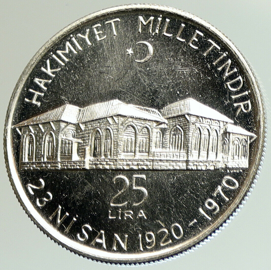 1970 TURKEY National Assembly in ANKARA Old Building Silver 25 Lira Coin i105112