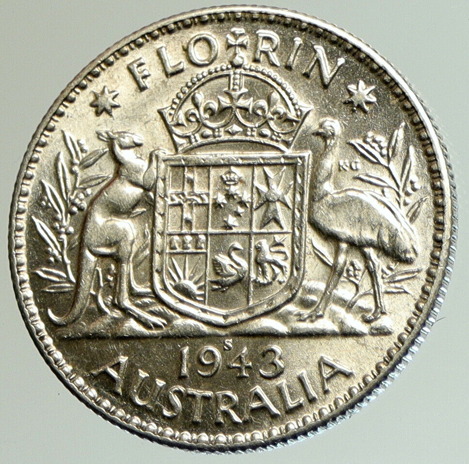 1943 S AUSTRALIA Large King George VI Kangaroos OLD Silver Florin Coin i105144