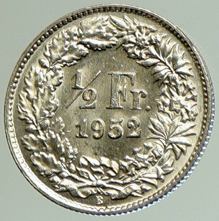 1952 B SWITZERLAND HELVETIA Symbolize SWISS Nation SILVER 1/2 Franc Coin i105118