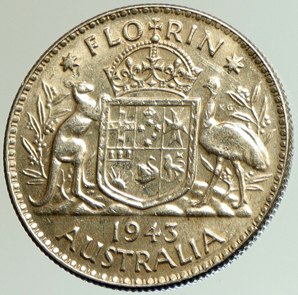 1943 AUSTRALIA Large King George VI Kangaroos OLD Silver Florin Coin i105145