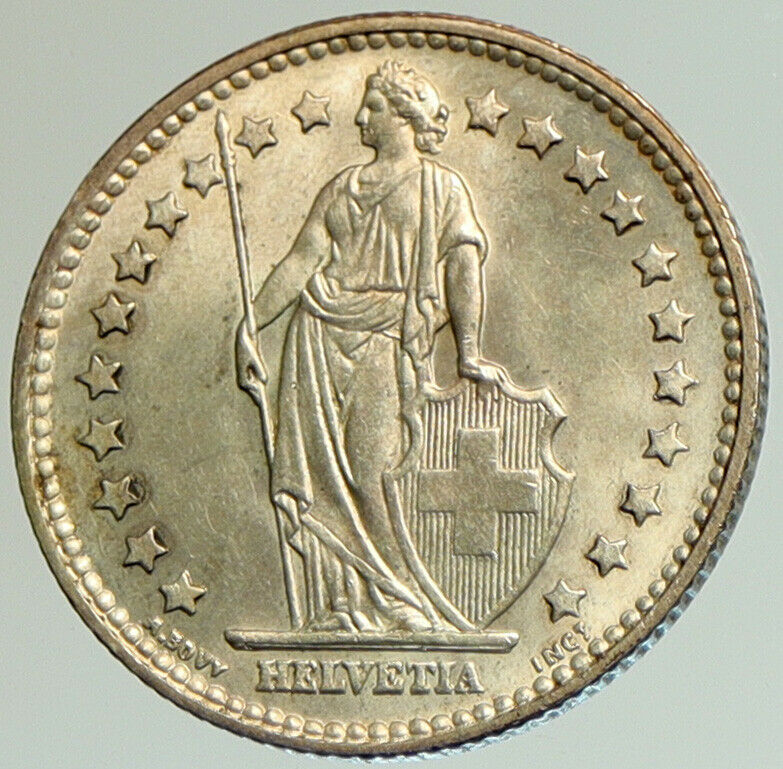 1957 B SWITZERLAND HELVETIA Symbolizes SWISS Nation SILVER 1 Franc Coin i105116