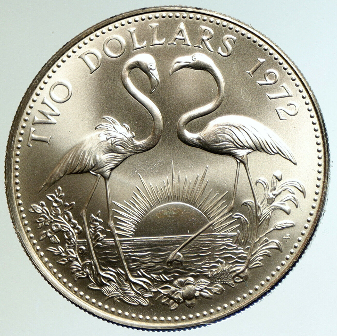 1972 The BAHAMAS SILVER 2 Dollars Large Coin Elizabeth II FLAMINGO Birds i104584