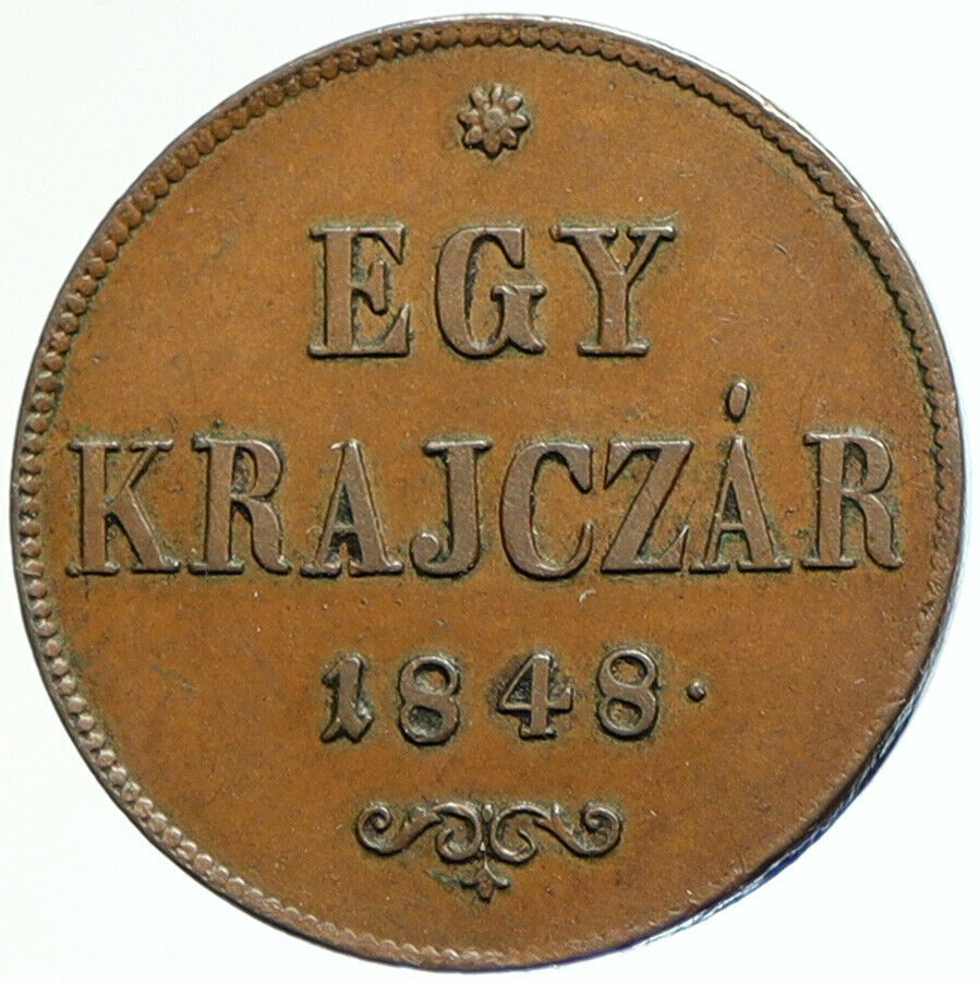 1848 HUNGARY War of Independence ANTIQUE Old Vintage 1 Krajczar Coin i104581