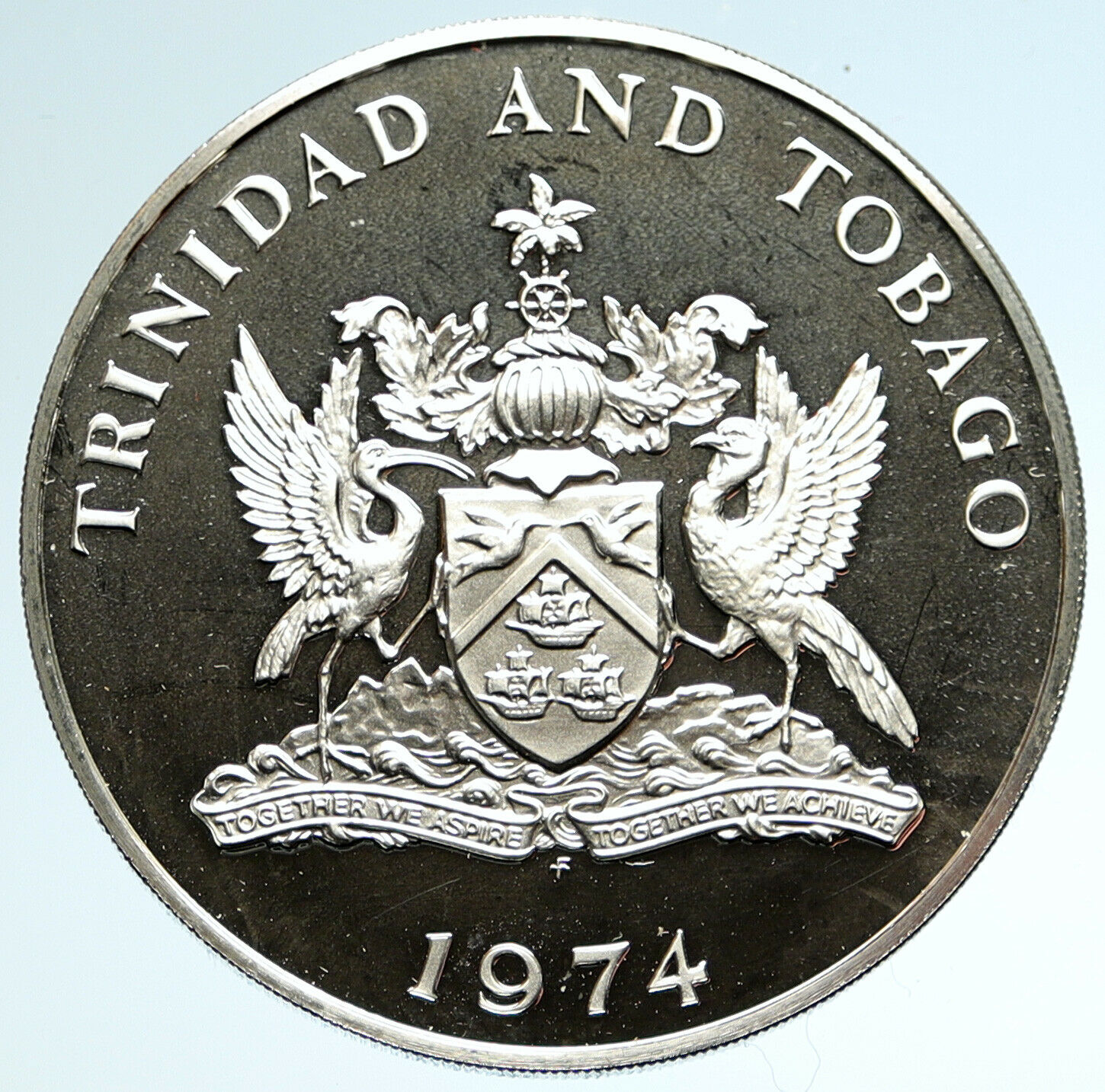 1974 TRINIDAD and TOBAGO Islands Large Vintage OLD Proof Silver $10 Coin i104618