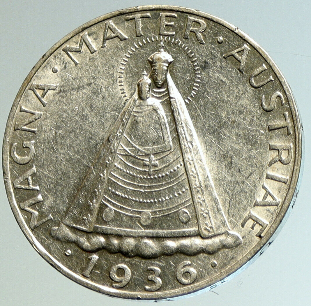 1936 AUSTRIA Mariazell Madonna HISTORIC Halos Silver 5 Schilling Coin i104624