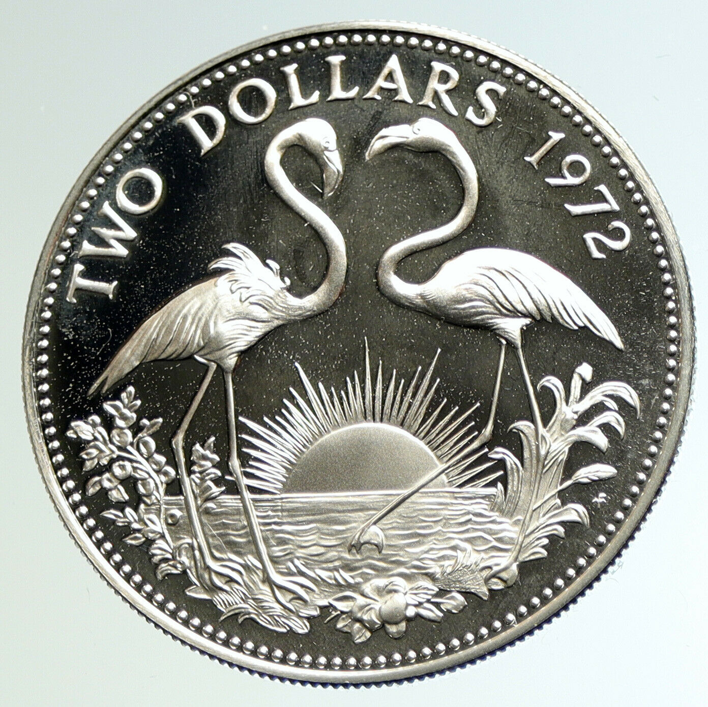 1972 The BAHAMAS Elizabeth II FLAMINGO Birds PROOF SILVER 2 Dollars Coin i104612