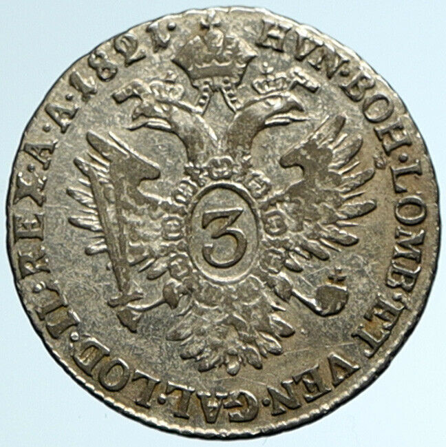 1821 B AUSTRIA King FRANCIS I (II) OLD Habsburg Silver 3 Kreuzer Coin i104619