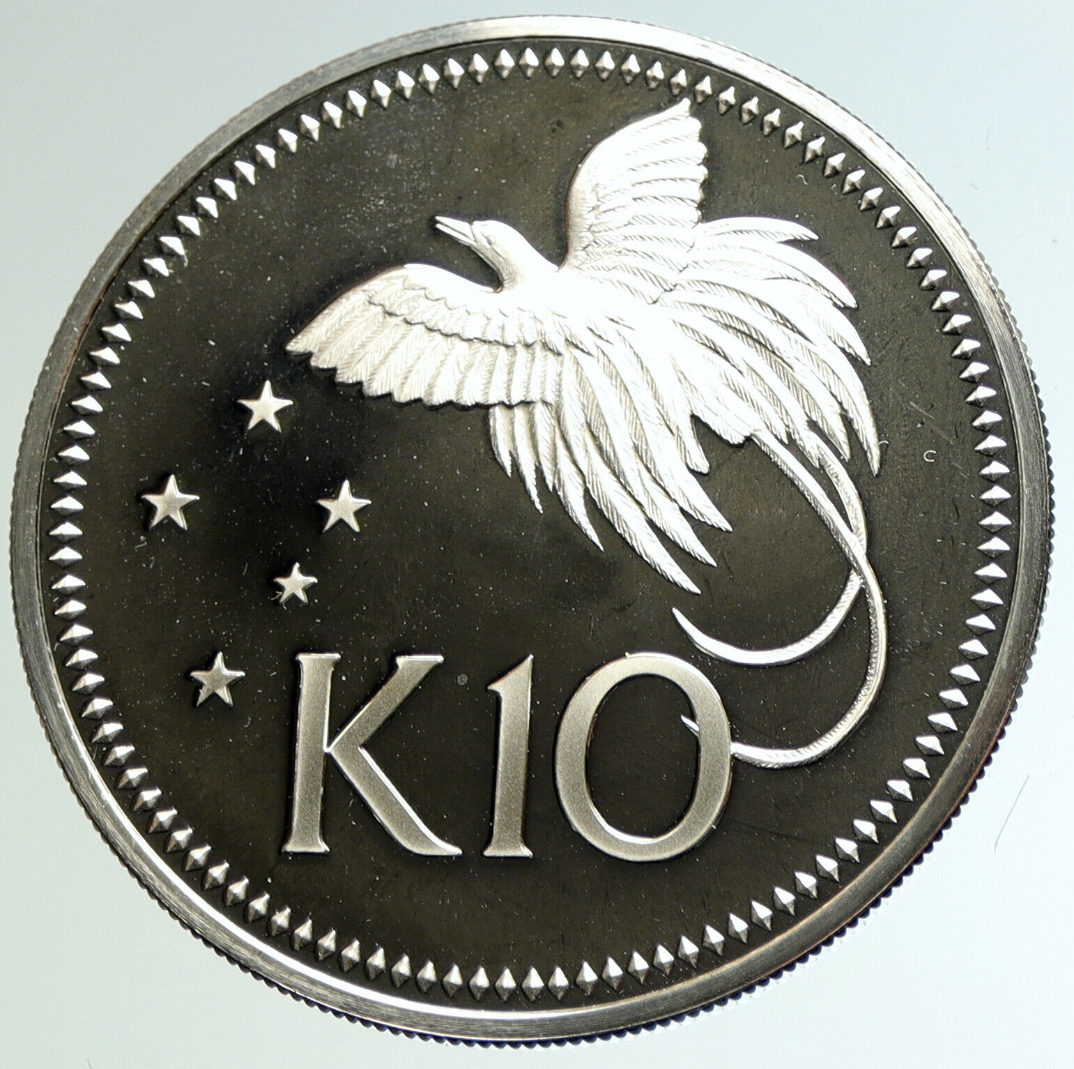 1975 PAPUA NEW GUINEA Large 4.5CM Exotic Bird Proof Silver 10 Kina Coin i104609