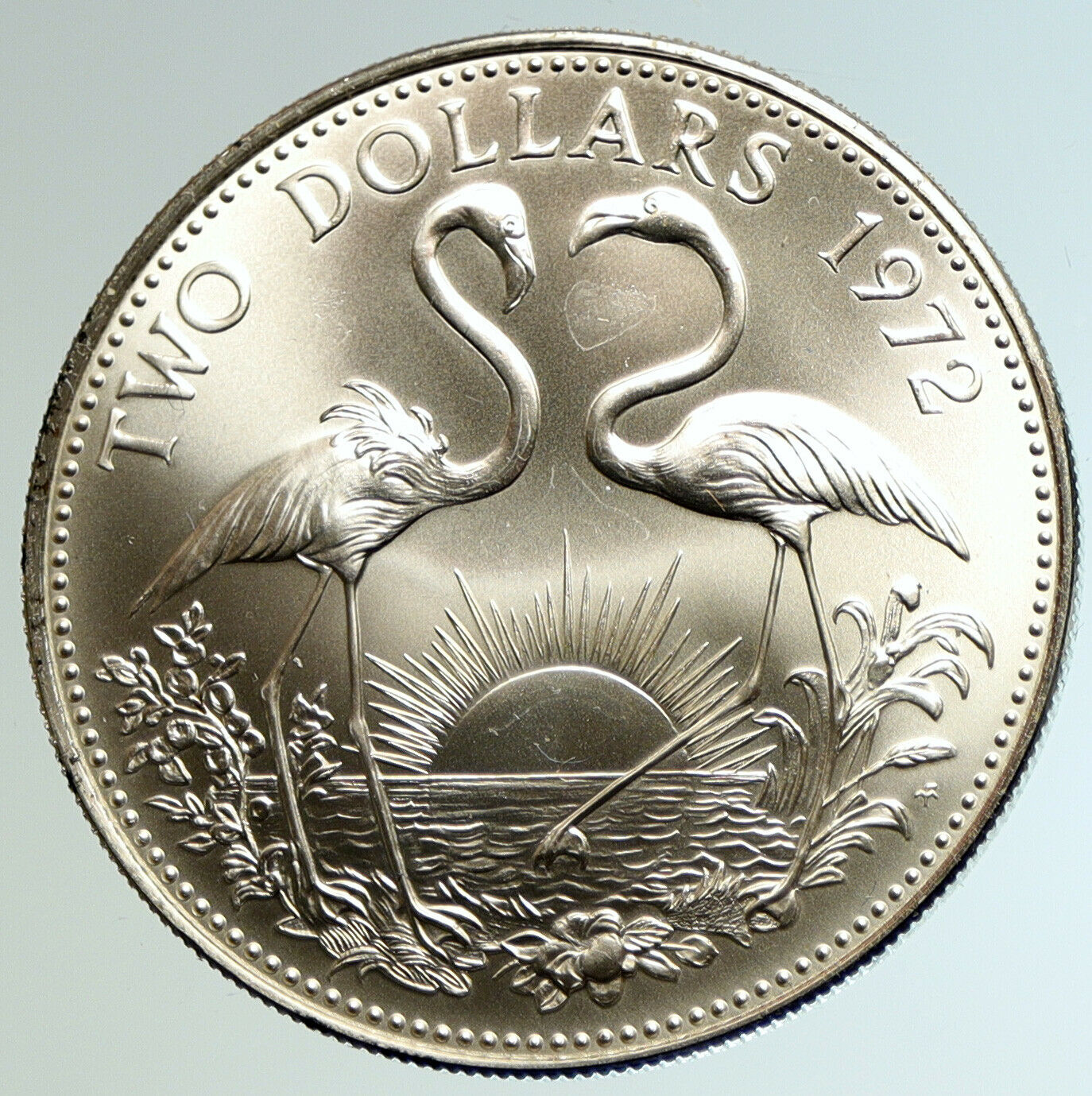 1972 The BAHAMAS SILVER 2 Dollars Large Coin Elizabeth II FLAMINGO Birds i104601