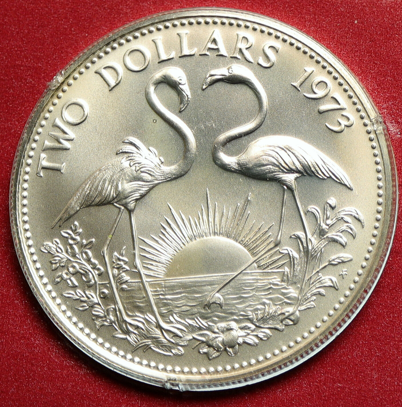 1973 The BAHAMAS Old UK Queen Elizabeth II FLAMINGO BU Silver $2 Coin i104586