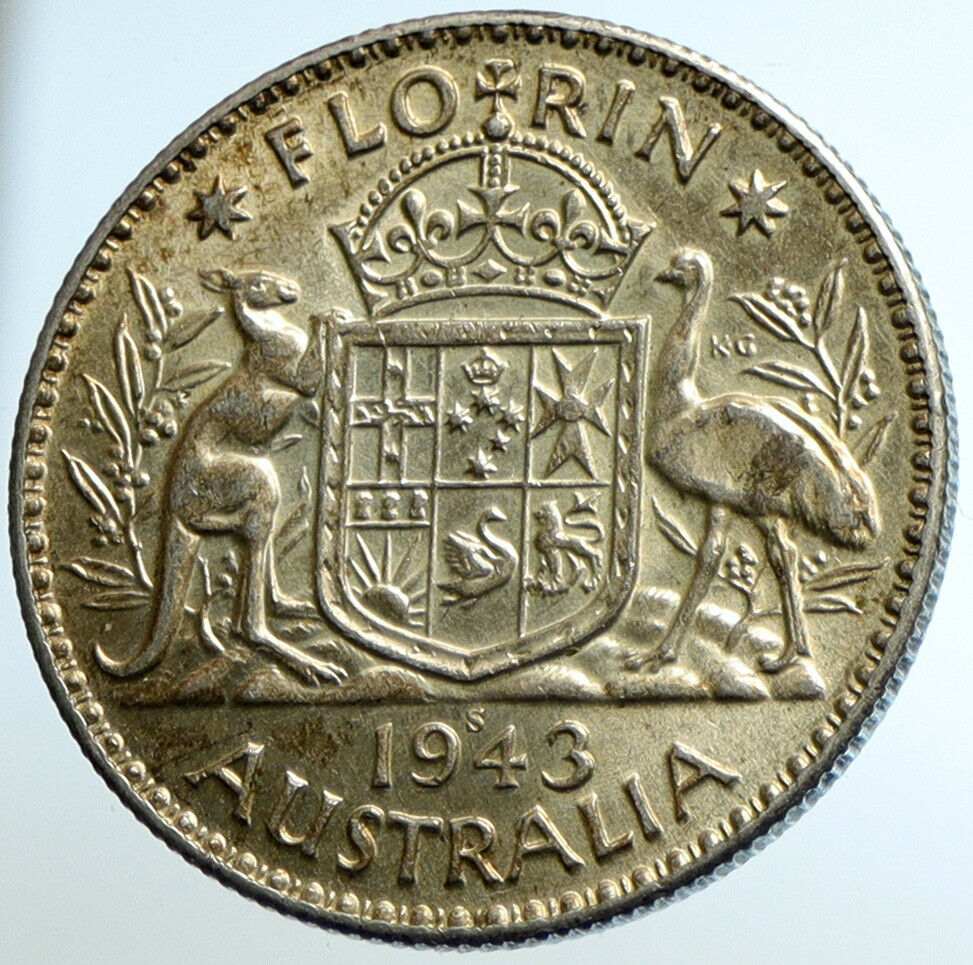 1943 AUSTRALIA Large King George VI Kangaroos OLD Silver Florin Coin i104662