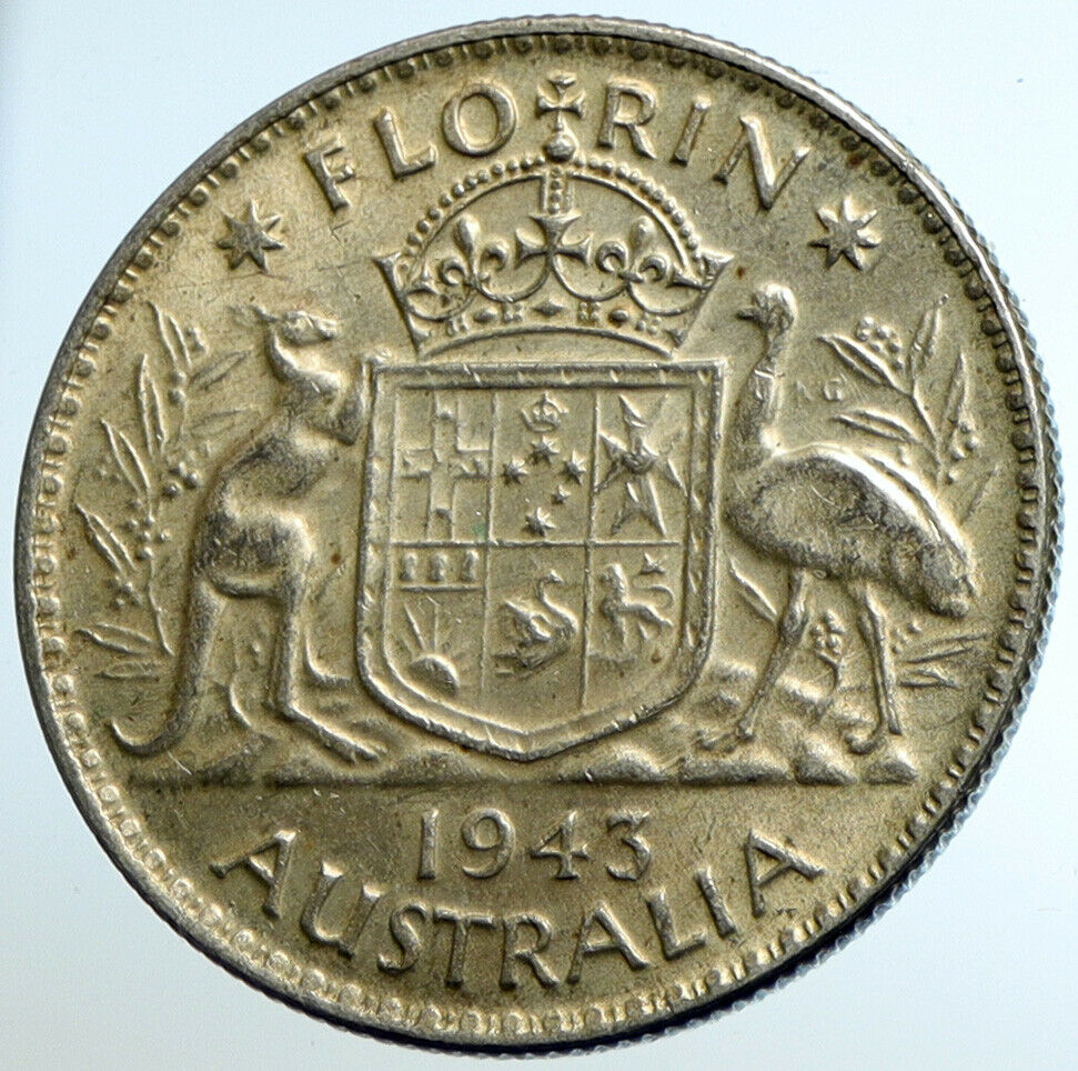 1943 AUSTRALIA Large King George VI Kangaroos OLD Silver Florin Coin i104669