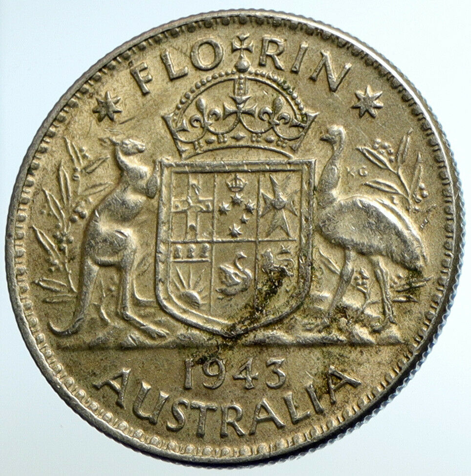 1943 AUSTRALIA Large King George VI Kangaroos OLD Silver Florin Coin i104667