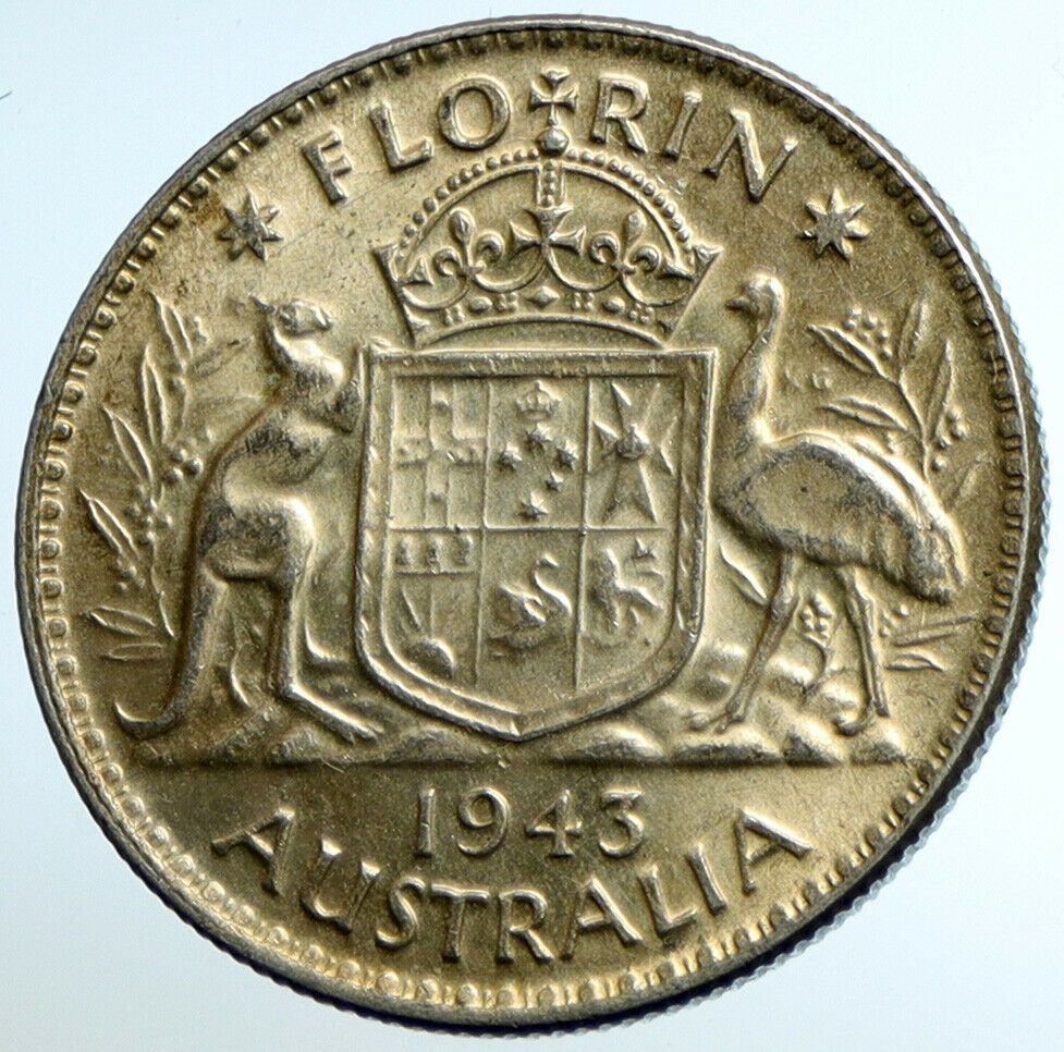 1943 AUSTRALIA Large King George VI Kangaroos OLD Silver Florin Coin i104641