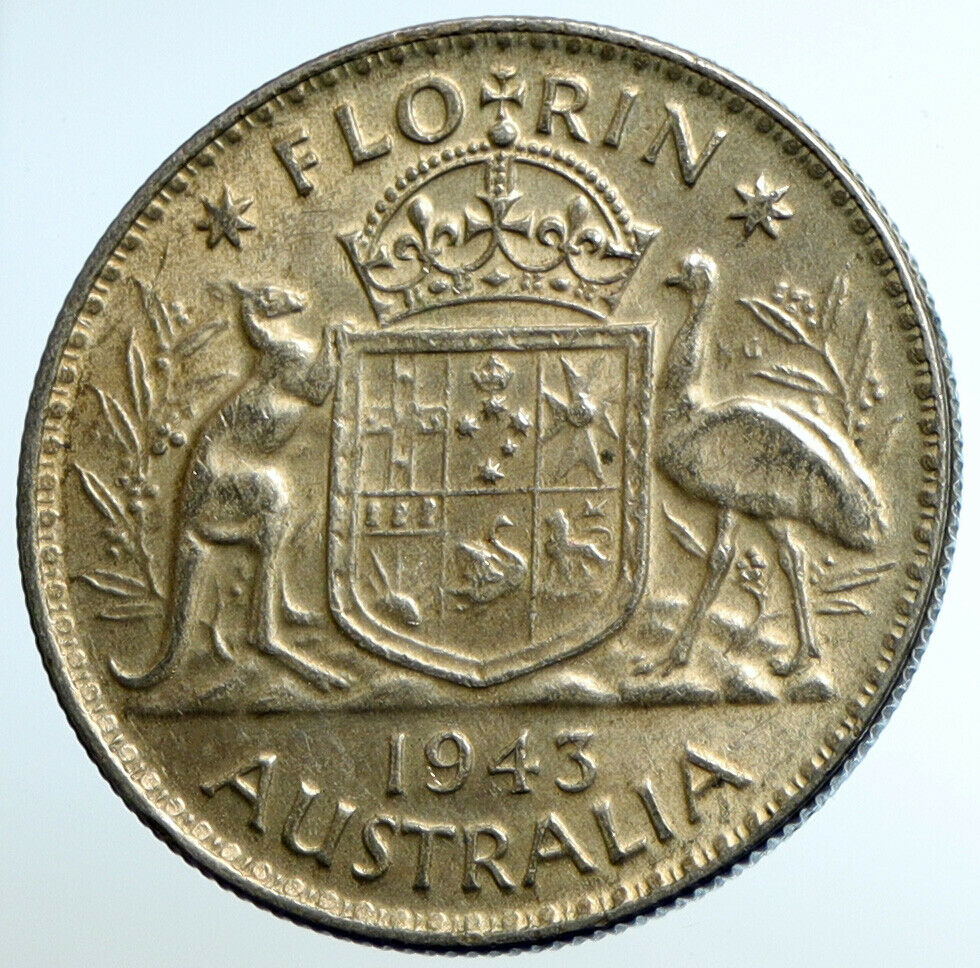 1943 AUSTRALIA Large King George VI Kangaroos OLD Silver Florin Coin i104652