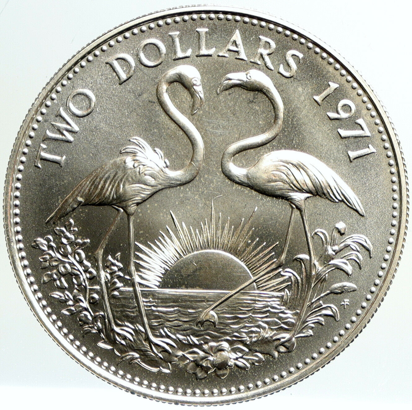 1971 BAHAMAS Queen Elizabeth II FLAMINGO Birds BU Silver 2 Dollars Coin i101192