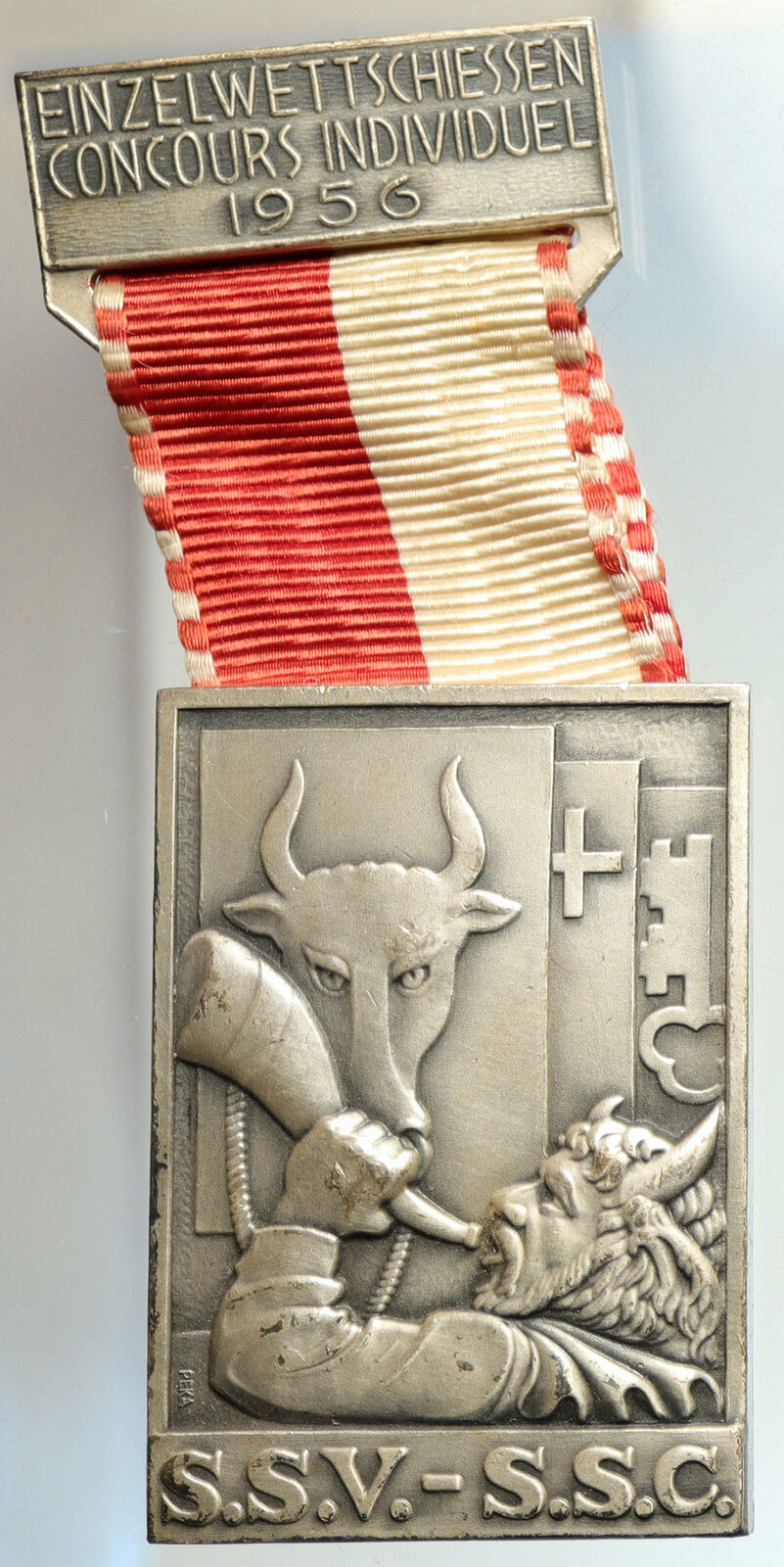 1956 SWITZERLAND Shooting Festival VINTAGE Swiss Ribbon OLD Award Medal i105296