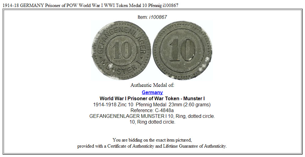 1914-18 GERMANY Prisoner of POW World War I WWI Token Medal 10 Pfennig i100867