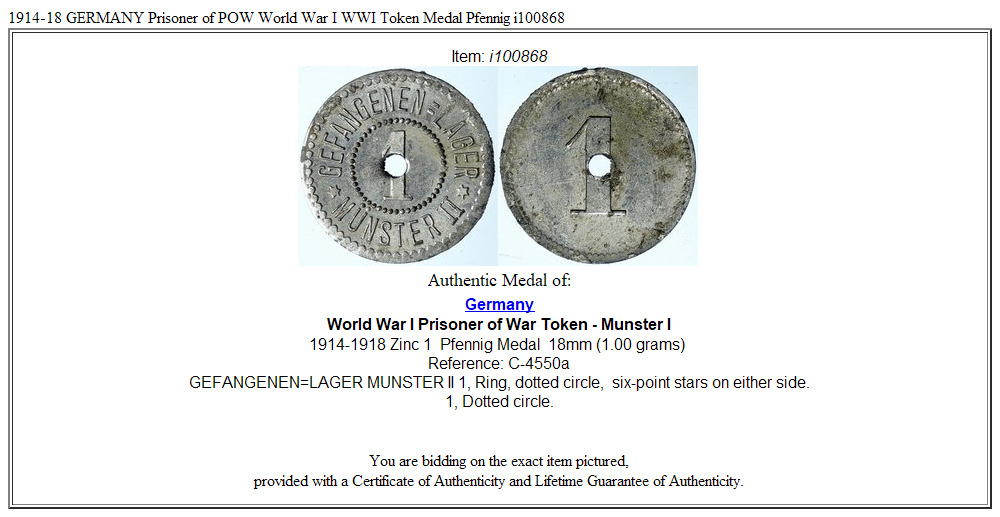 1914-18 GERMANY Prisoner of POW World War I WWI Token Medal Pfennig i100868