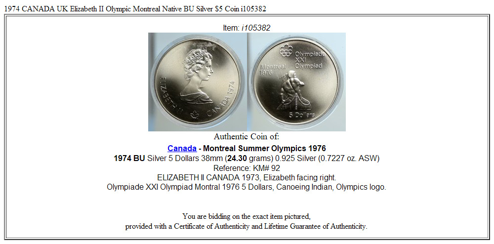 1974 CANADA UK Elizabeth II Olympic Montreal Native BU Silver $5 Coin i105382