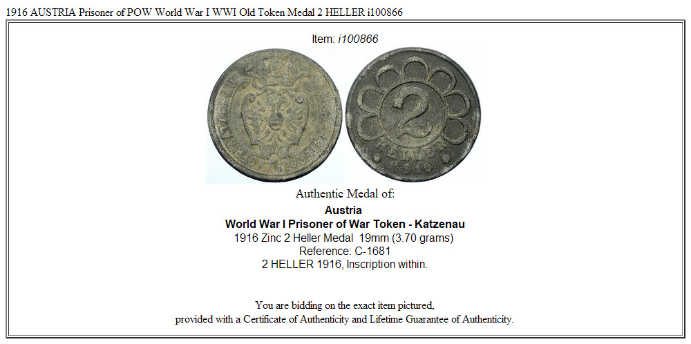 1916 AUSTRIA Prisoner of POW World War I WWI Old Token Medal 2 HELLER i100866