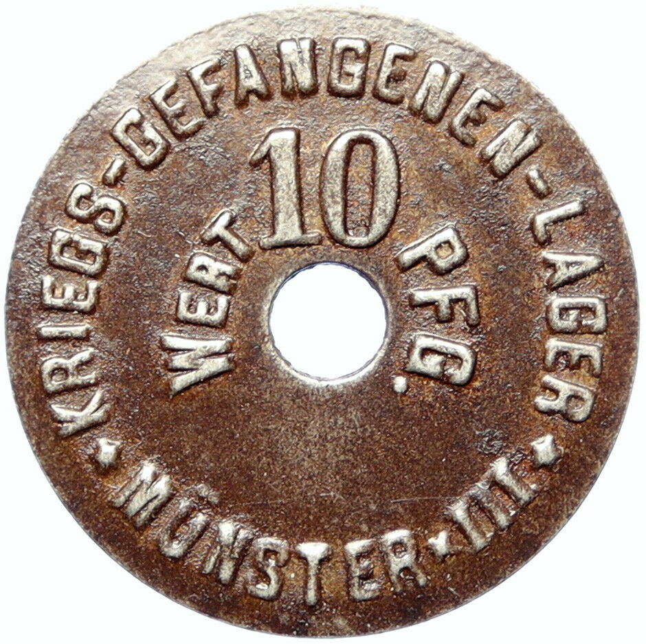 c1914 GERMANY Prisoner of POW World War I WWI MUNSTER 3 Token 10 Pfennig i100885