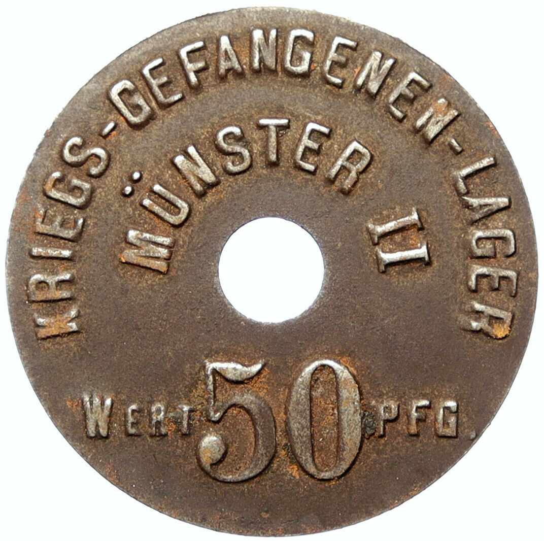 c1914 GERMANY Prisoner of POW World War I WWI MUNSTER 2 Token 50 Pfennig i100882