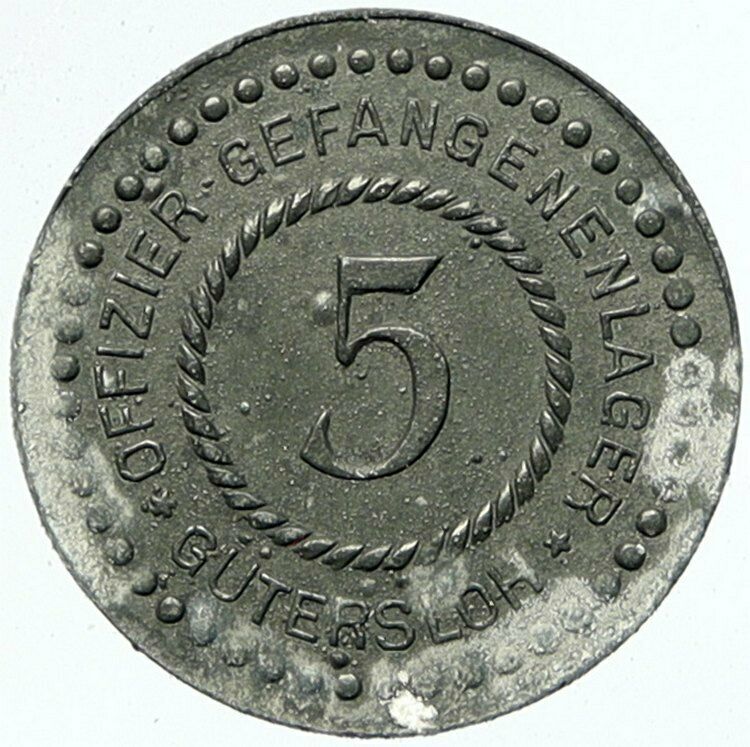 c.1914 GERMANY Prisoner of POW World War I WWI GUTERSLOH Token 5 Pfennig i100842